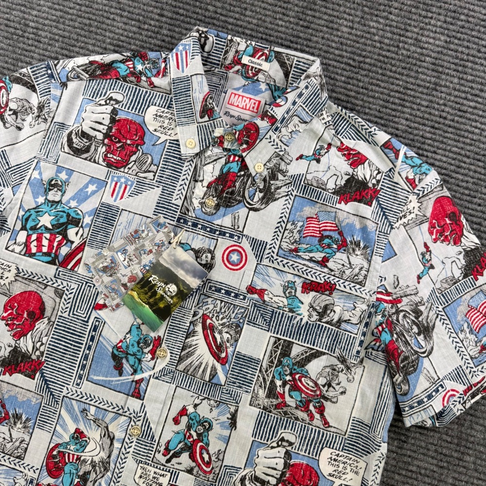 NEW Reyn Spooner Marvel Captain America Shirt Mens XS Arctic Ice Comic Print